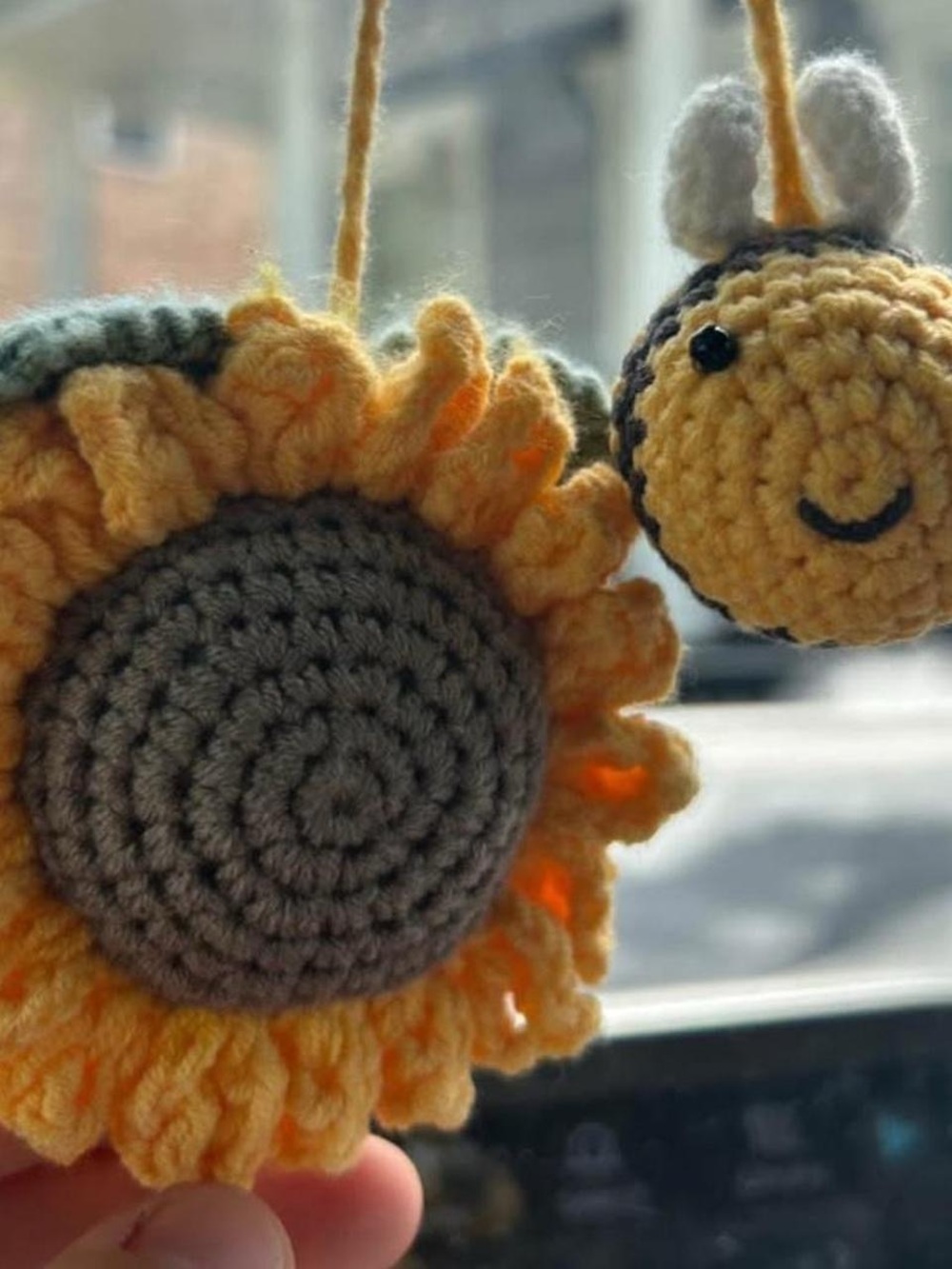 Handmade Crocheted Sunflower and Bee  Set - Yellow & Gray